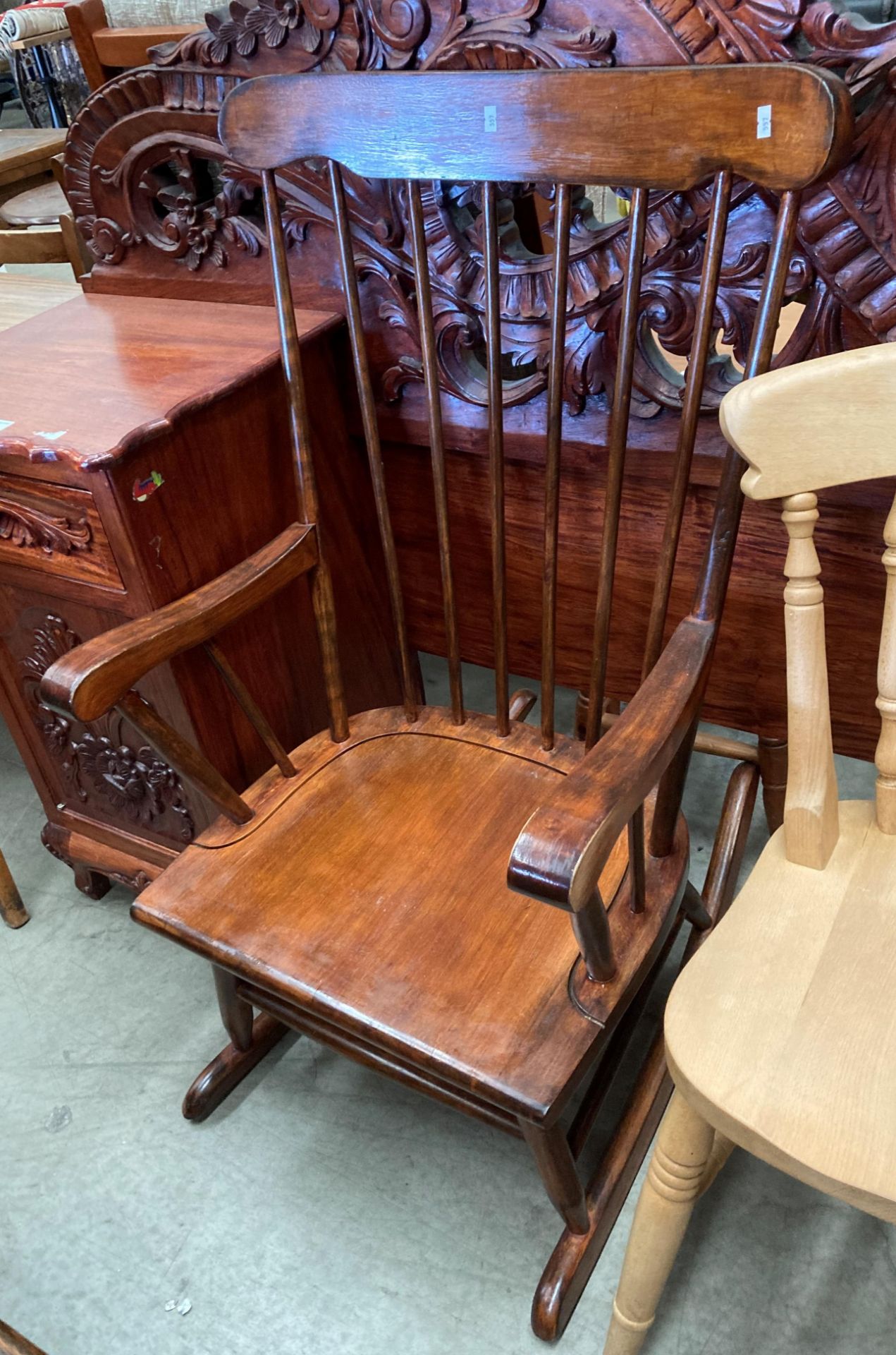 Three modern pine rail back kitchen chairs and a stained wood rocking chair (4) - Image 2 of 2