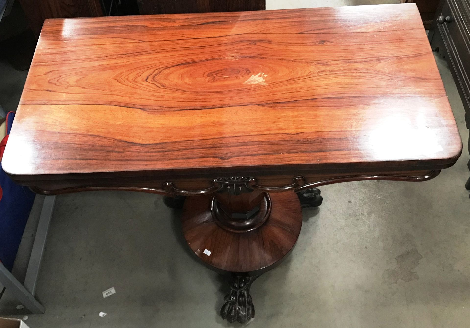 A Victorian rosewood swivel top tea table 92 x 92cm when open on single column tripod claw foot - Image 2 of 3