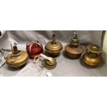 Contents to red plastic box - five items - a burgundy glass bowl with brass fitting with label 'D