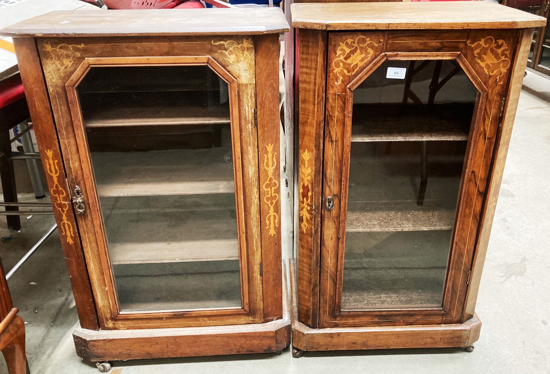 A Victorian inlaid walnut display cabinet with single glazed door 50 x 90cm and a similar cabinet