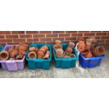 Contents to four plastic crates - assorted terracotta plant pots (some broken/damaged - crates not