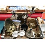 Contents to tray assorted plated and brassware, two stem candelabra,