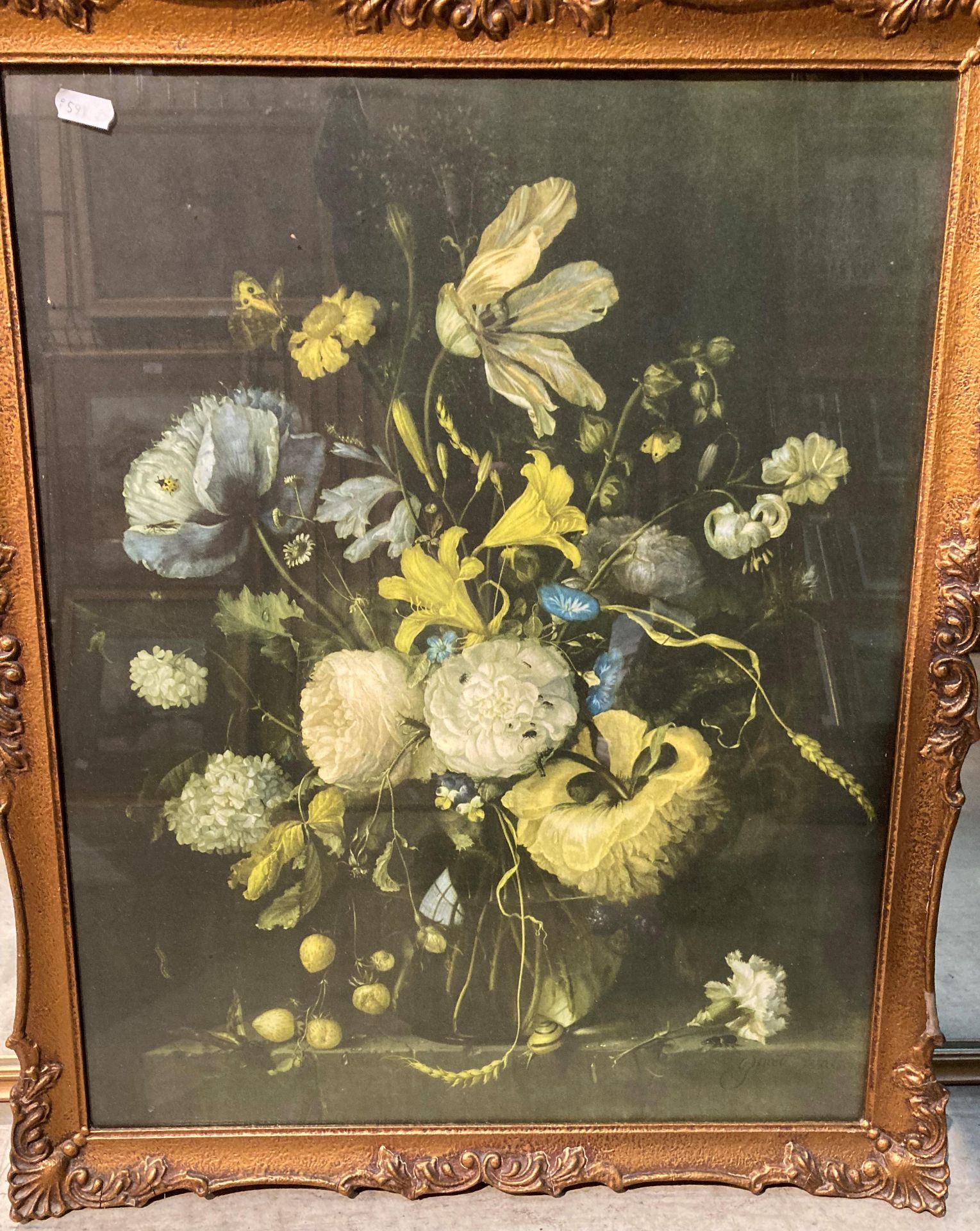 Gold wooden framed mirror 68 x 96cm and 'Jacob Walscapple' flowers, - Image 2 of 3