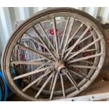 Pair of wood cart wheels with centre hub cap, 16 spoke and rubber tyres each approx.