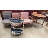 A mahogany oval side table with pine crust edging, a pine stool,