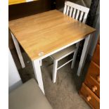 A pine square top kitchen table on white wood frame 70cm x 70cm and to Whitewood Kitchen chairs