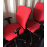 2 x red fabric adjustable office swivel armchairs