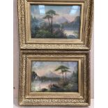 Two oil on board lake scenes in gilt frames,