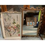 Framed Oriental silk tapestry 'Peacocks and Birds', 40cm x 62cm and a ornate mirror,