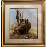 'David Shepherd' two rhinos print in a gilt frame 36 x 34cm