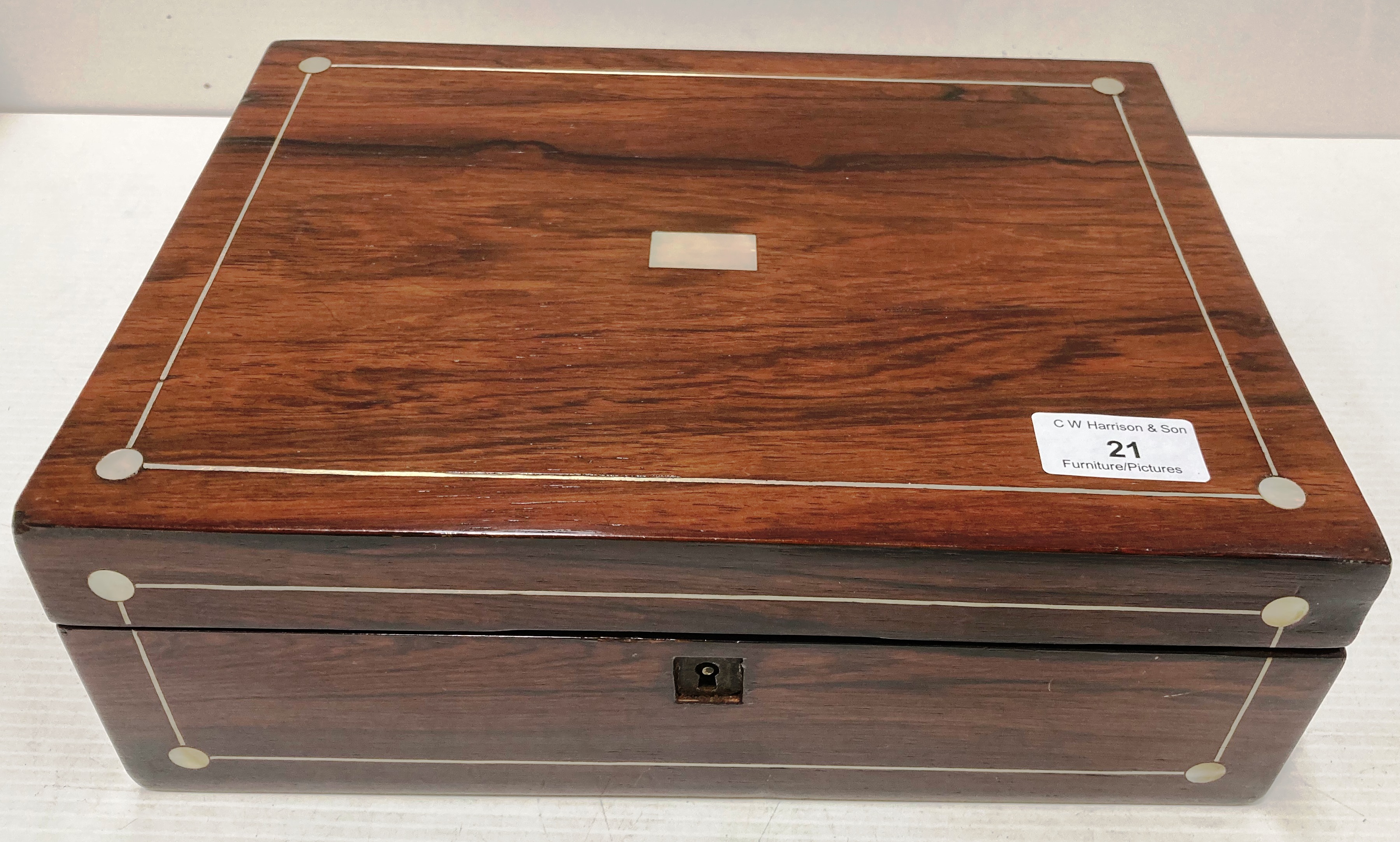 A rosewood box with mother of pearl inlay 30cm x 22cm x 11cm high