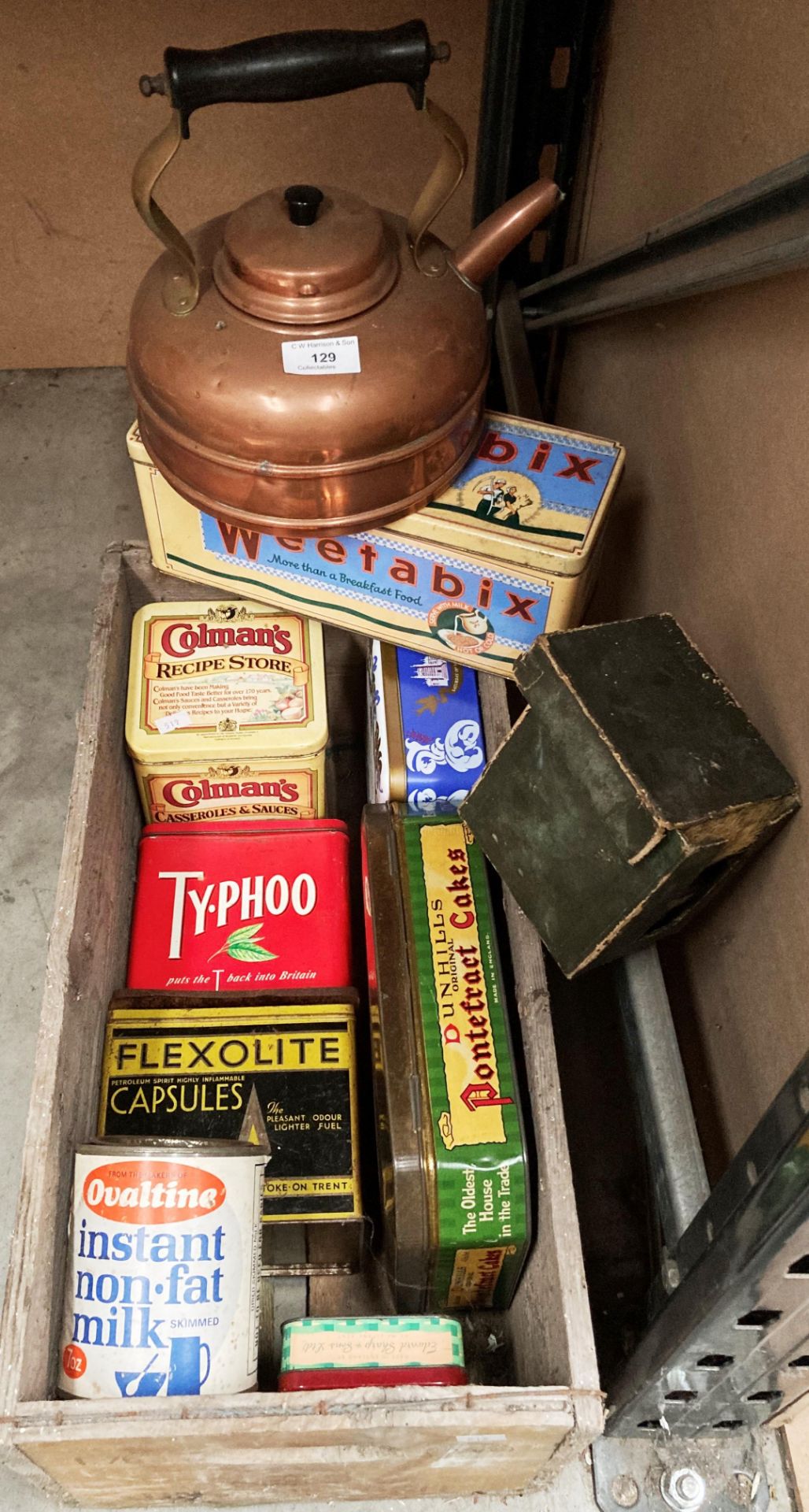 Canada Dry wooden crate and contents - copper kettle and a quantity of old food and other tins