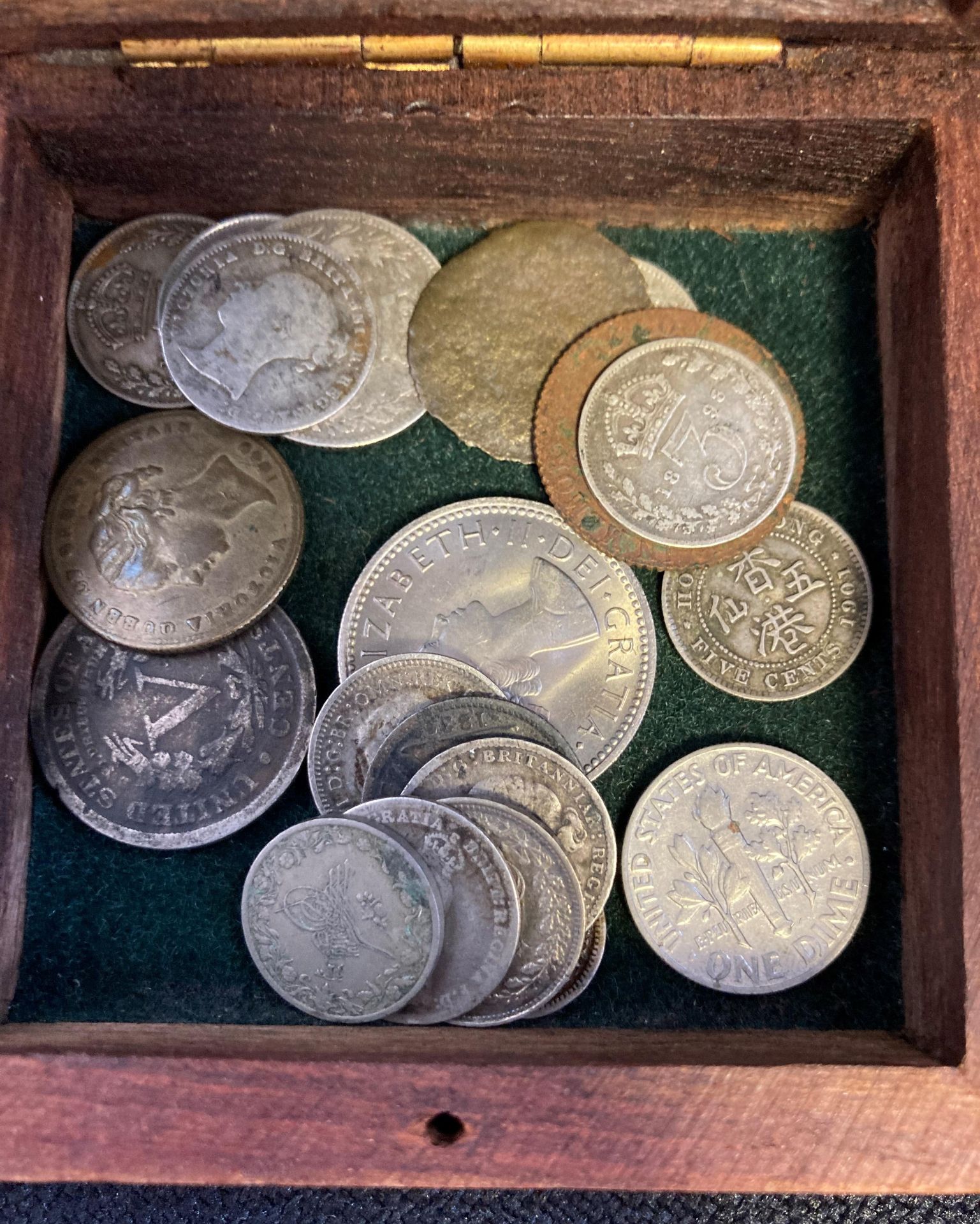 Wooden box with silver coins - some Victorian - Image 2 of 3