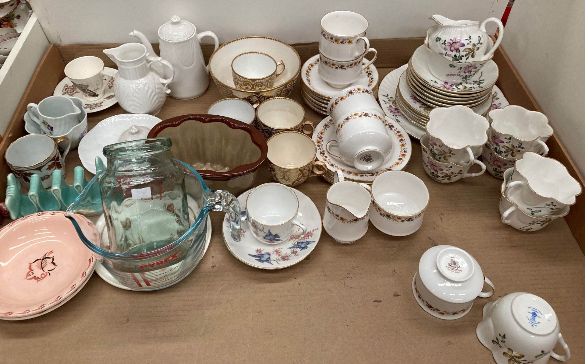 Contents to tray - two Staffordshire part bone china tea services, coffee pot, toast rack, etc.