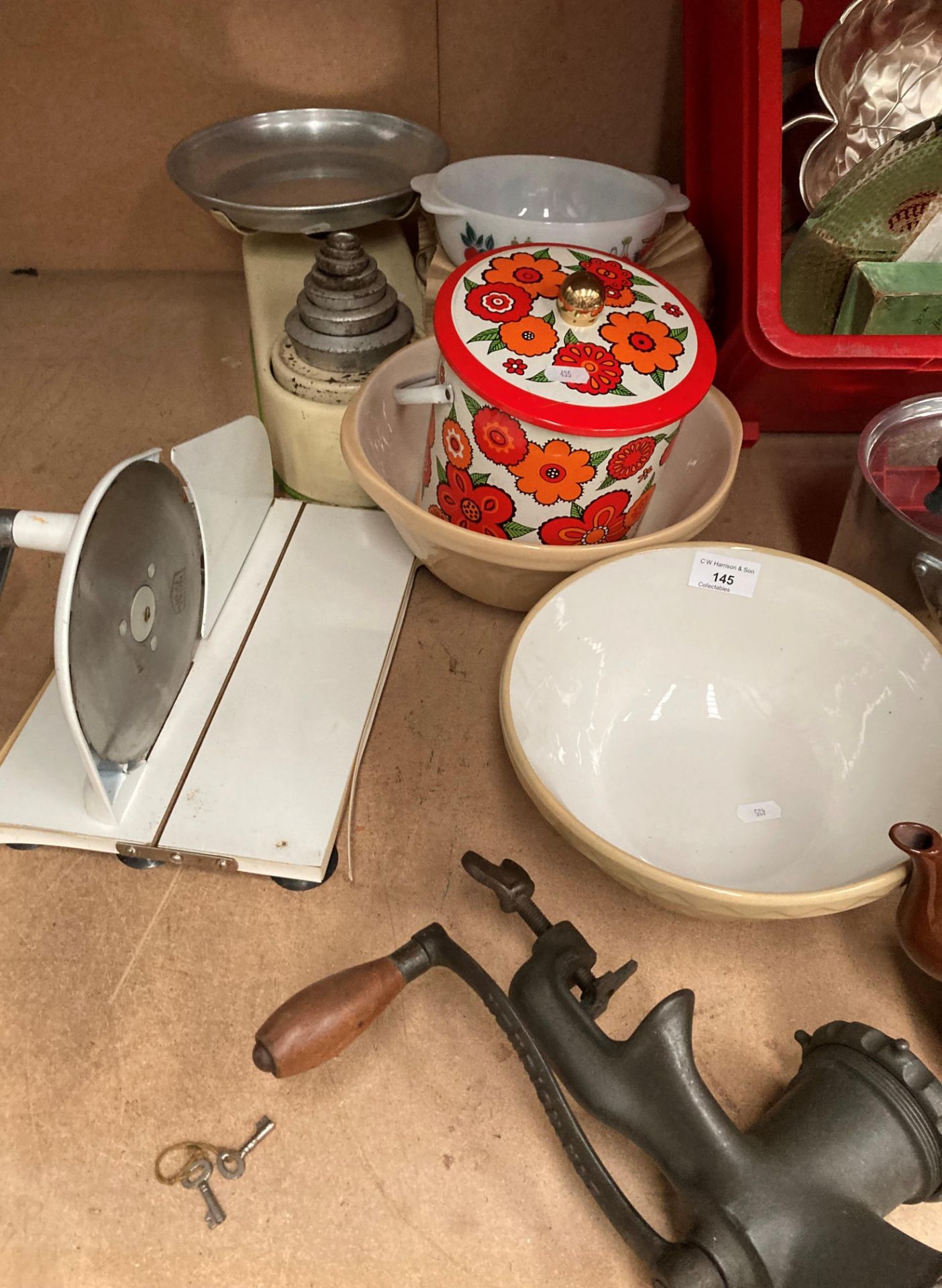 Contents to part of rack vintage kitchenalia including Harper kitchen scales, - Image 3 of 3