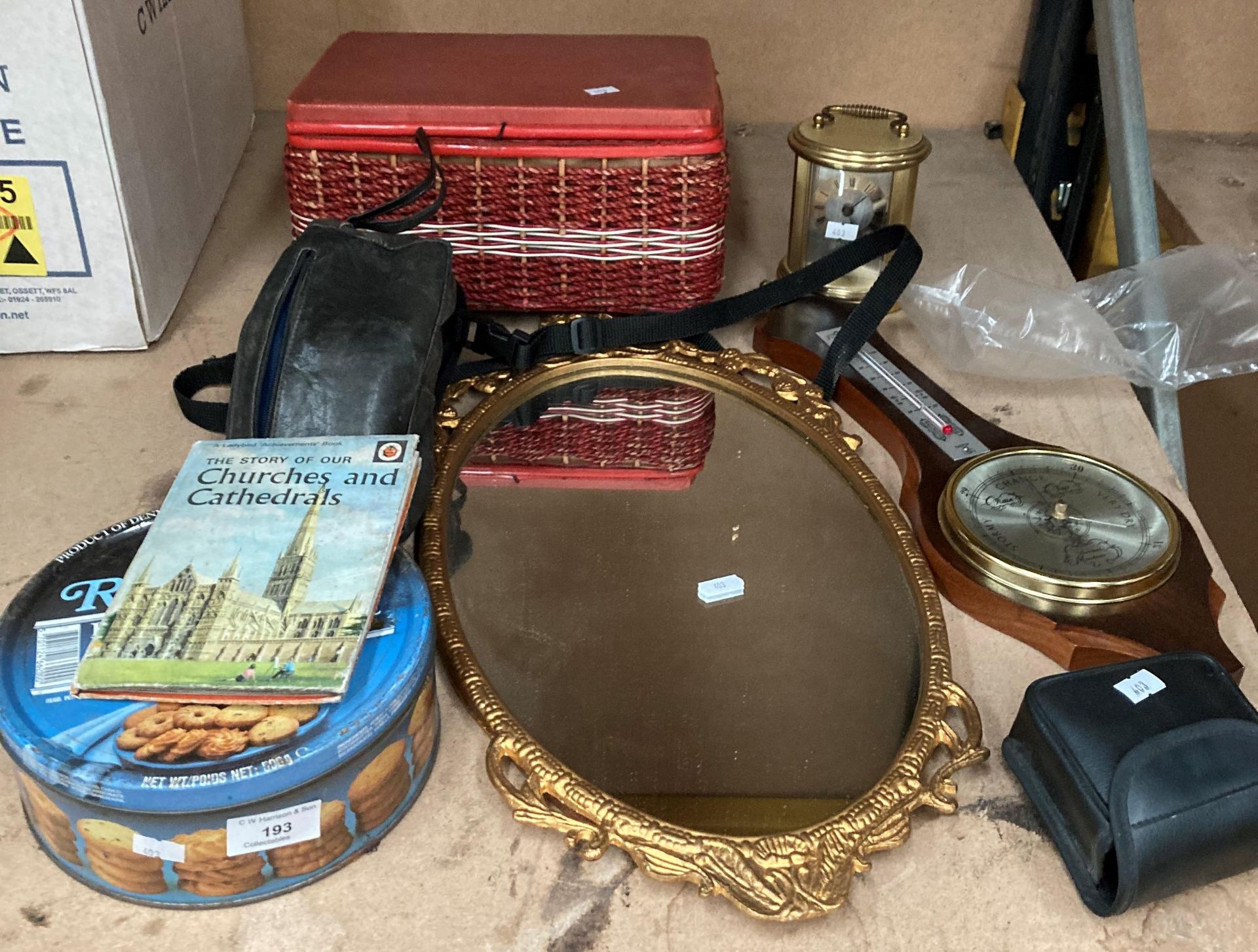 Contents to part of rack - gilt framed wall mirror, sewing box and sewing accessories,