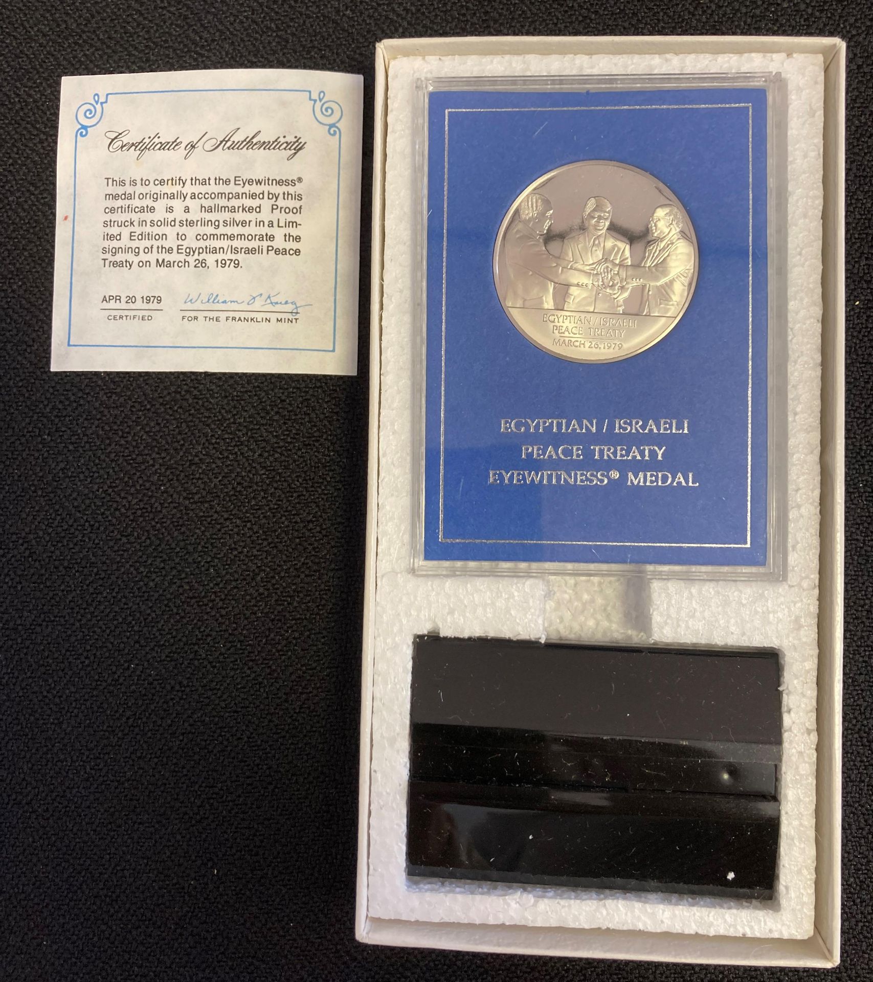 Egyptian Israeli peace treaty silver medal with COA