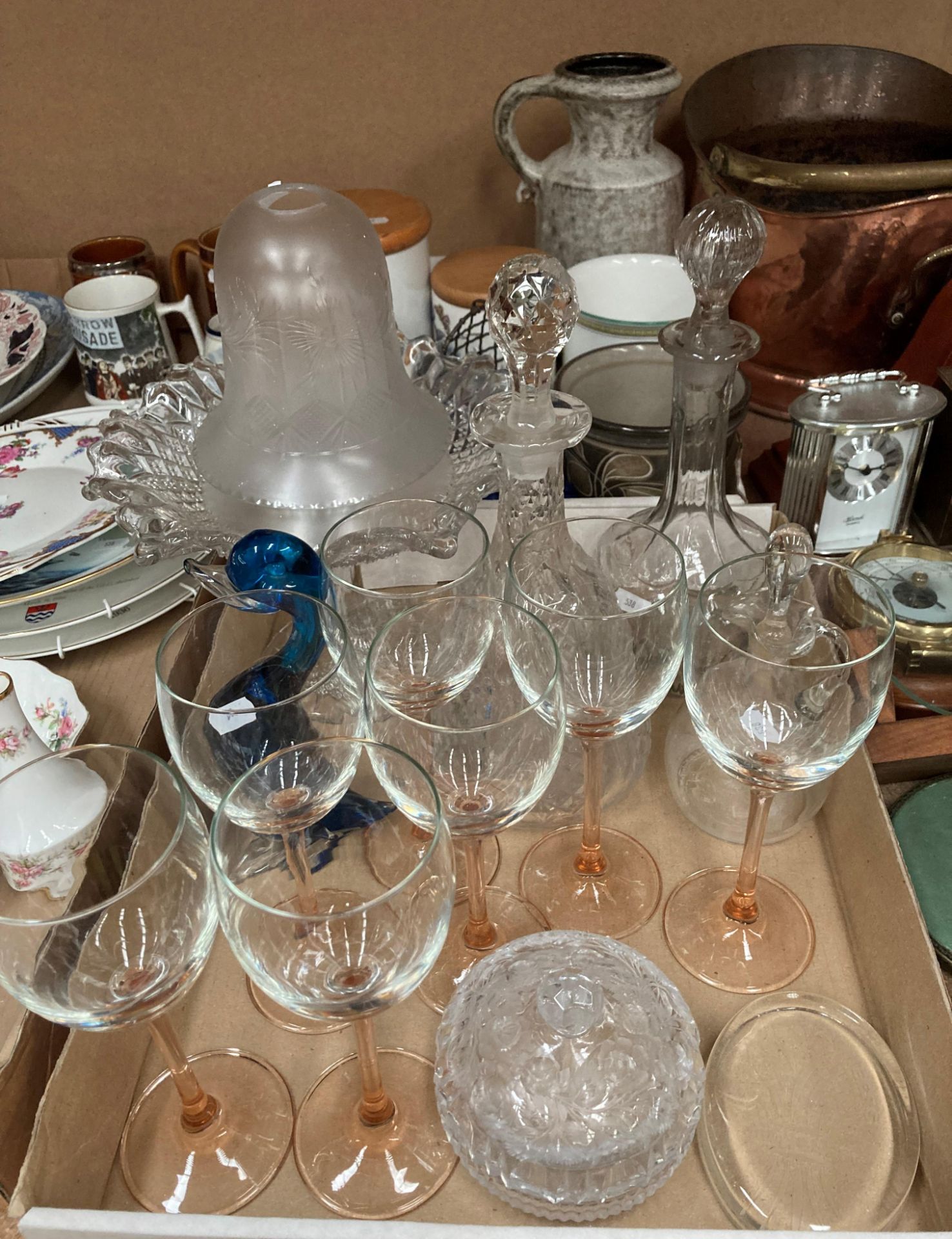 Contents to two small trays - glass decanters, glassware, kitchen jars, etc.