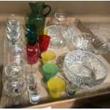 Contents to tray - three glass bowls, two Babycham glasses, large stemmed glass pourer, green jug,