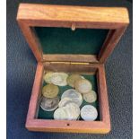 Wooden box with silver coins - some Victorian