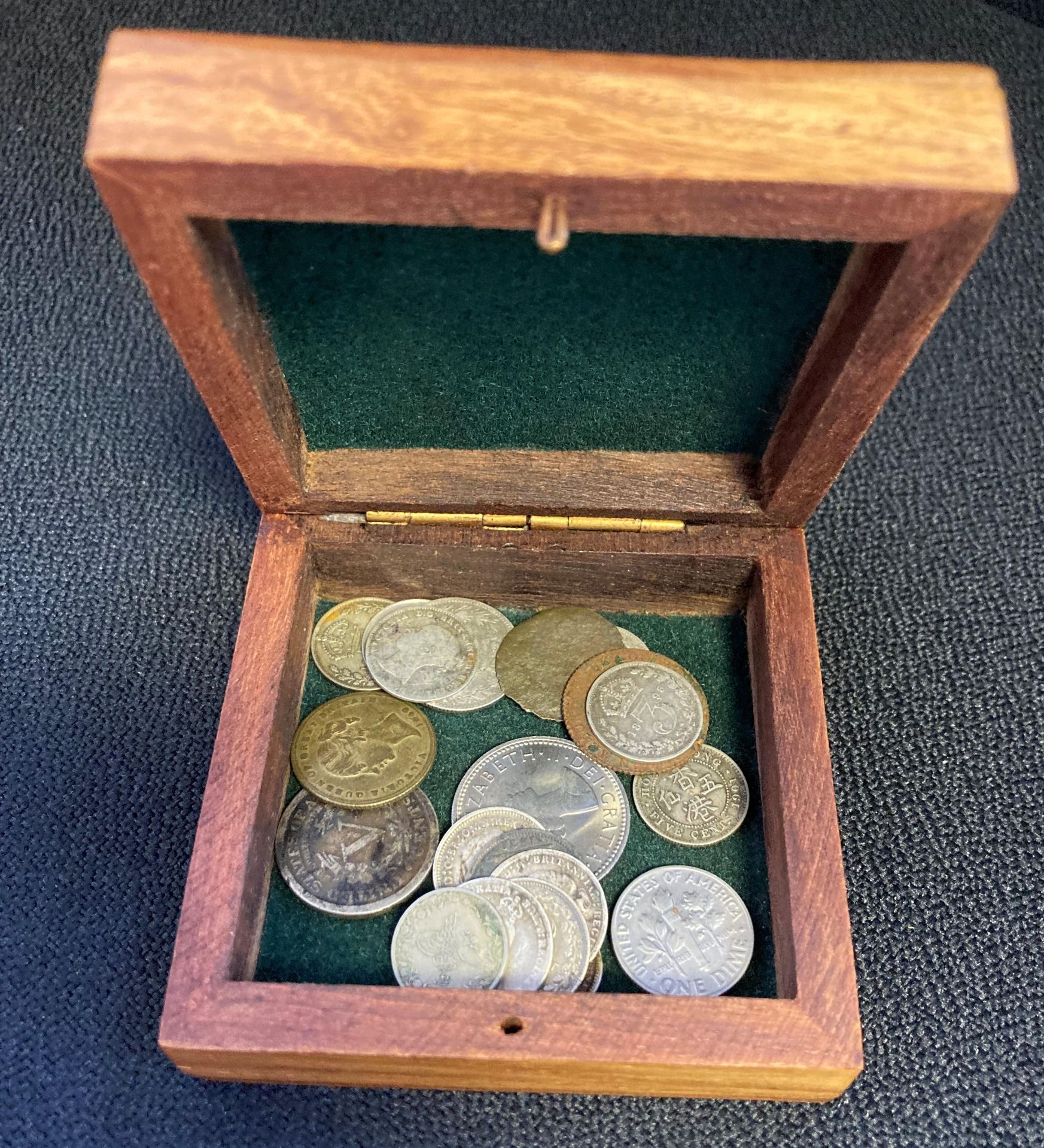 Wooden box with silver coins - some Victorian