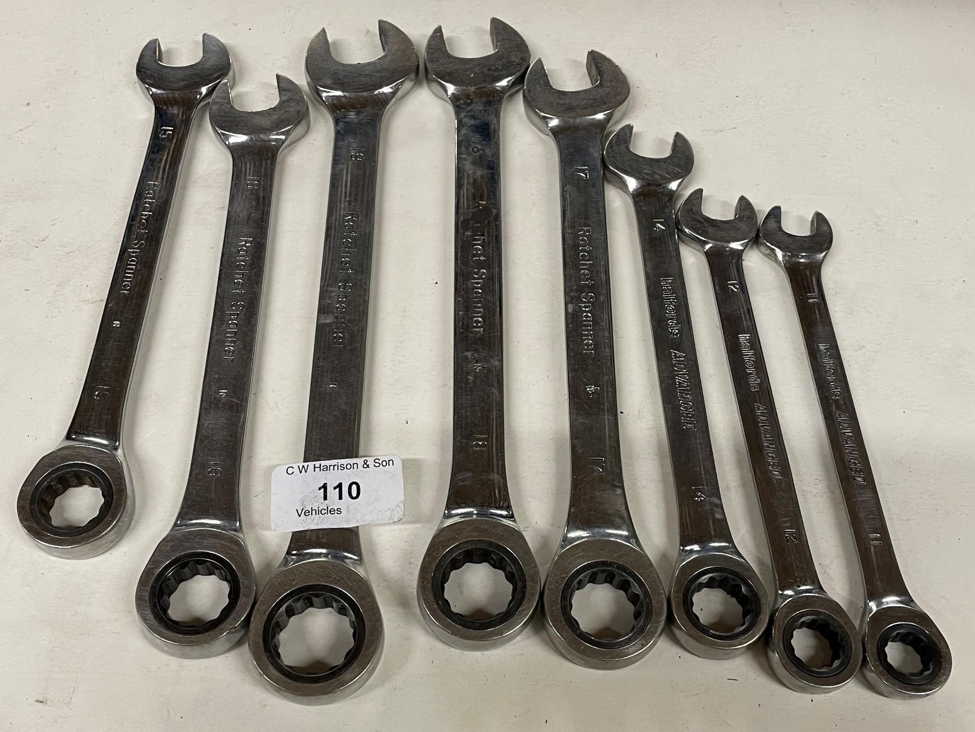 8 x Halfords advanced chrome open end/ratchet spanners