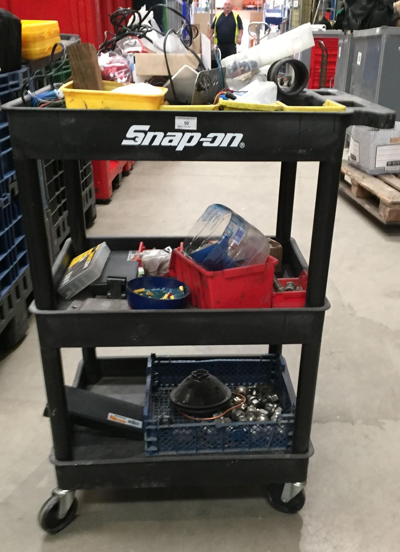 Snap-on black plastic 3 tier mobile work trolley and contents - assorted fuses, screws,