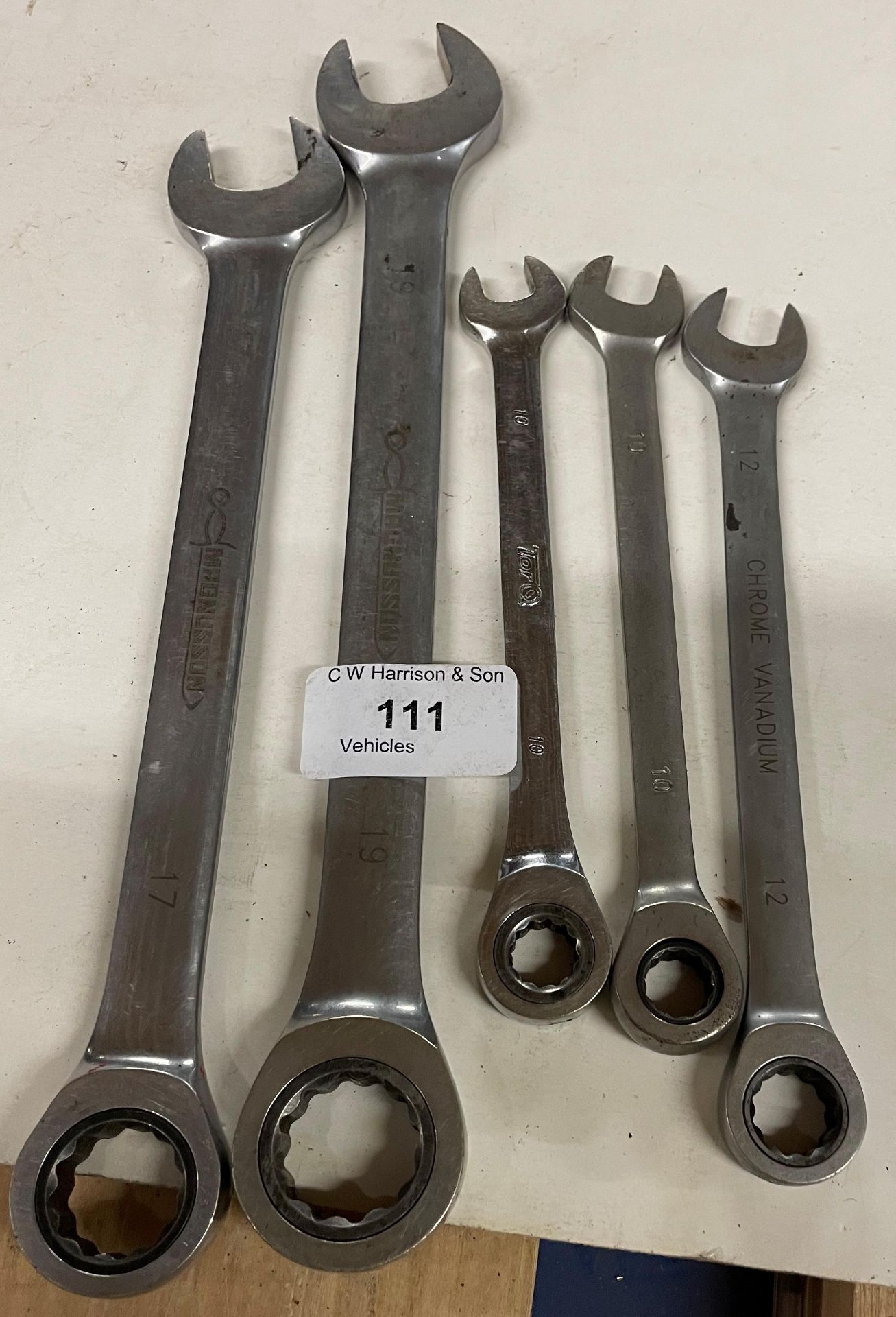 5 x Magnusson chrome ring ratchet/open end spanners