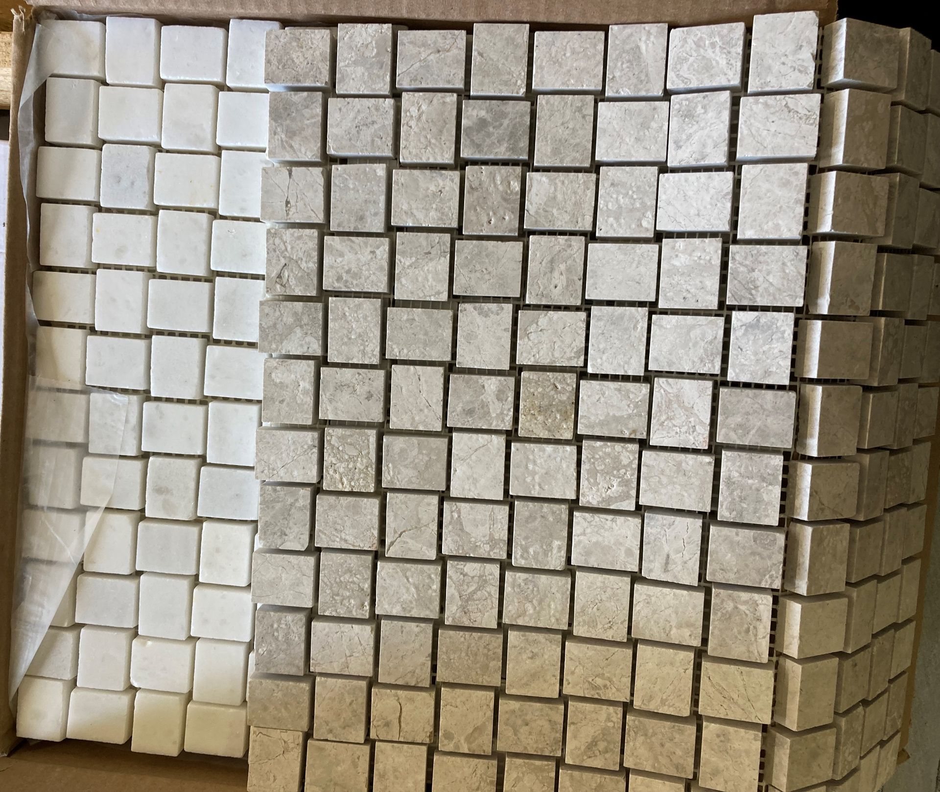 33 x packs of 10 silver Emperador and Olympus white crosshatch brushed mosaic tiles - 30.5 x 30.