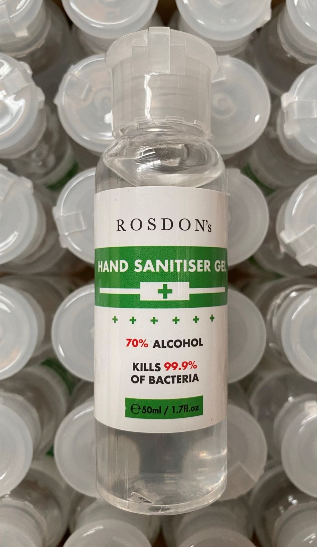 384 x 50ml flip top bottles of Rosdon Group UK hand sanitiser (Assorted labelled and unlabelled