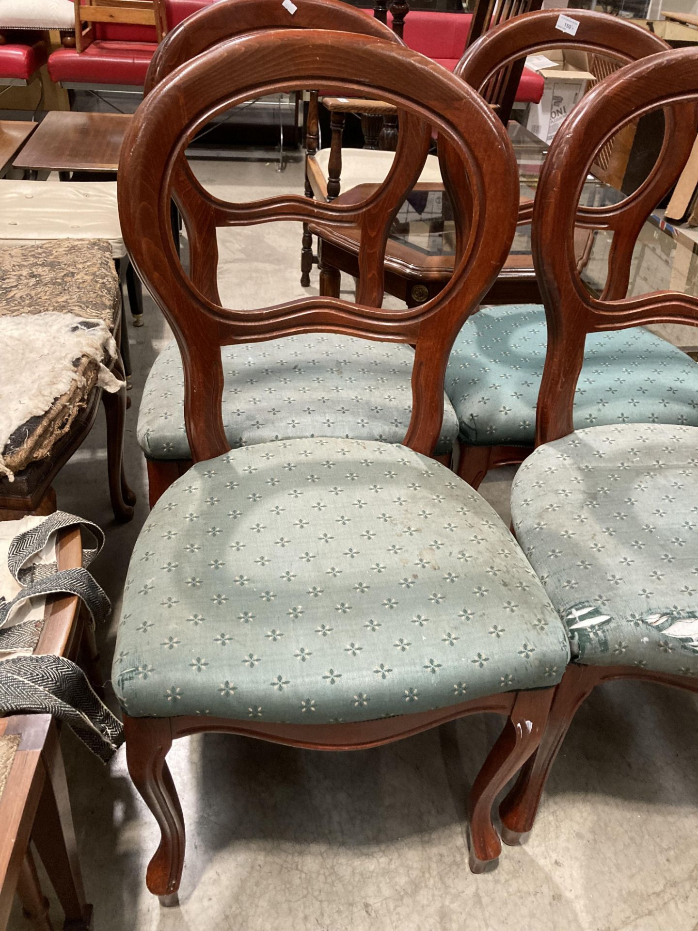 Four mahogany reproduction balloon back dining chairs with green patterned seats (with fire - Image 2 of 2