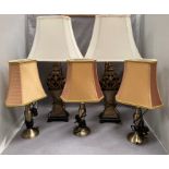 A pair of bronze finish table lamps and three small bronze finish table lamps all with shades (5)