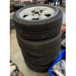 Four 17" BMW allow wheels with Hiflly HF805 challenger DSRT tyres (used)