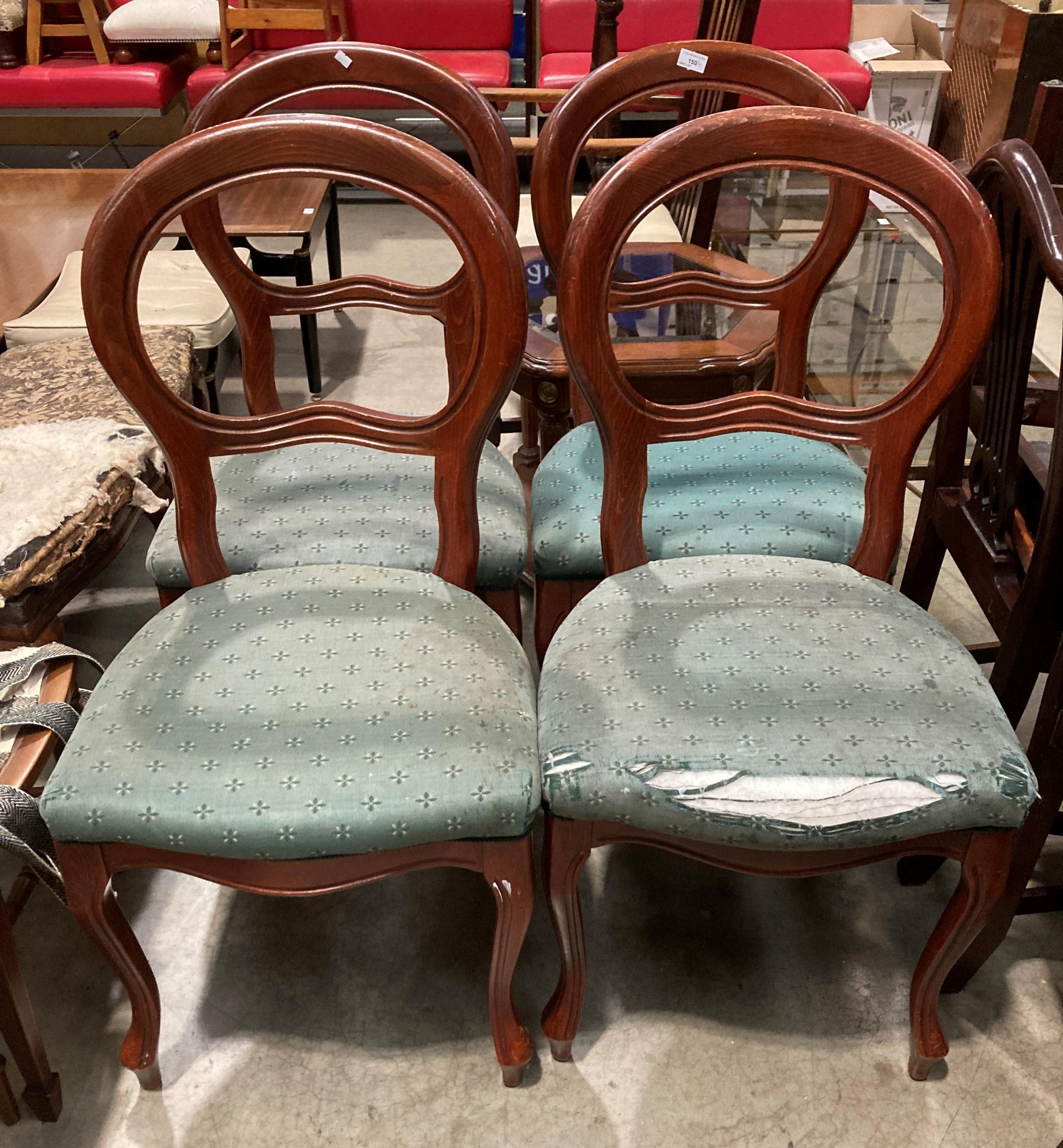 Four mahogany reproduction balloon back dining chairs with green patterned seats (with fire