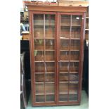 A stained oak two wood panelled glazed door display cabinet, 85cm x 16cm x 163cm high,