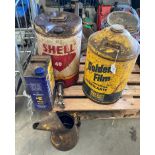 A Shell 40 empty drum with dispensing tap, Golden Film Lubricant empty drum,