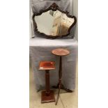 Two mahogany finish plant stands and a shaped wall mirror (3)