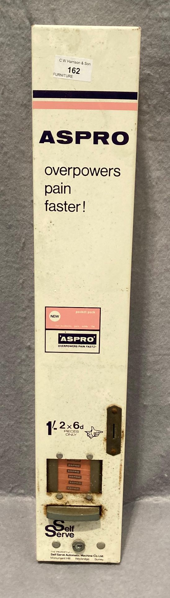 An Aspro self serve wall mounting coin operated white metal dispensing machine 10 x 11 x 64cm long