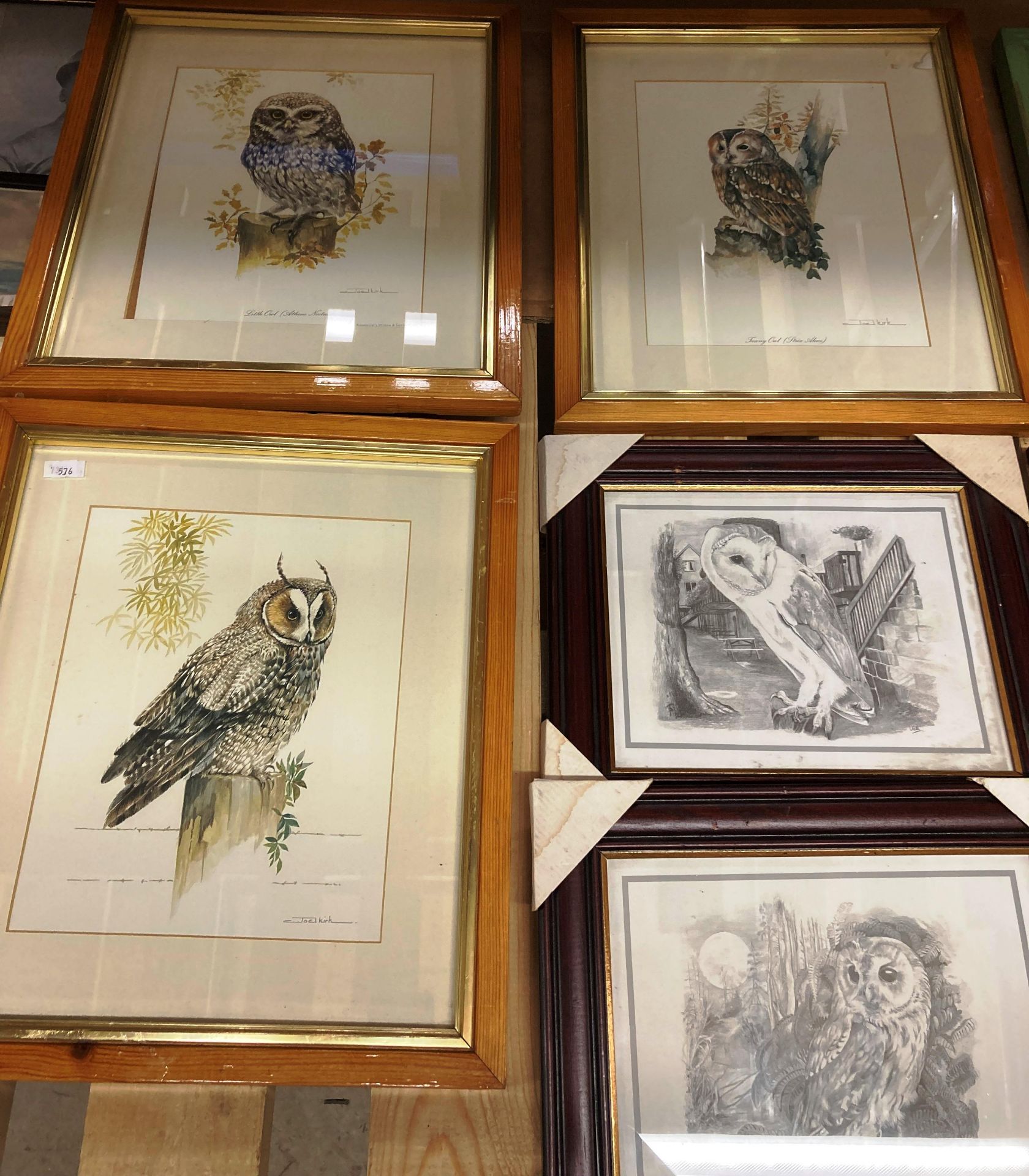 Five assorted owl framed prints by Joel Kirk and Vicki,
