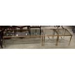 A brass framed long john coffee table with glass top 120 x 45cm and two matching square coffee