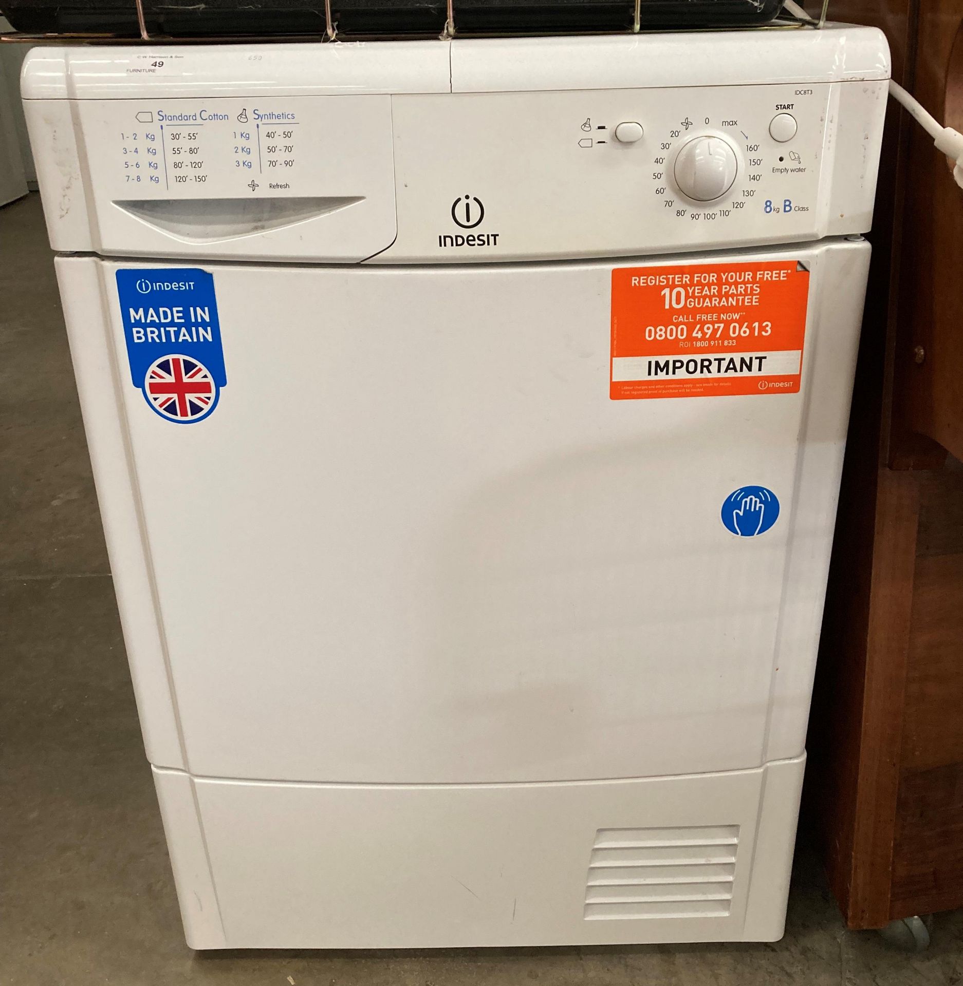 An Indesit IDC8T3 8kg B class tumble dryer