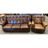 An Art Forma Upholstery Ltd brown leather wing back three seater settee and matching armchair,