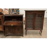 An oak bureau bookcase now in two parts - the book case section fitted with cabriole legs and with