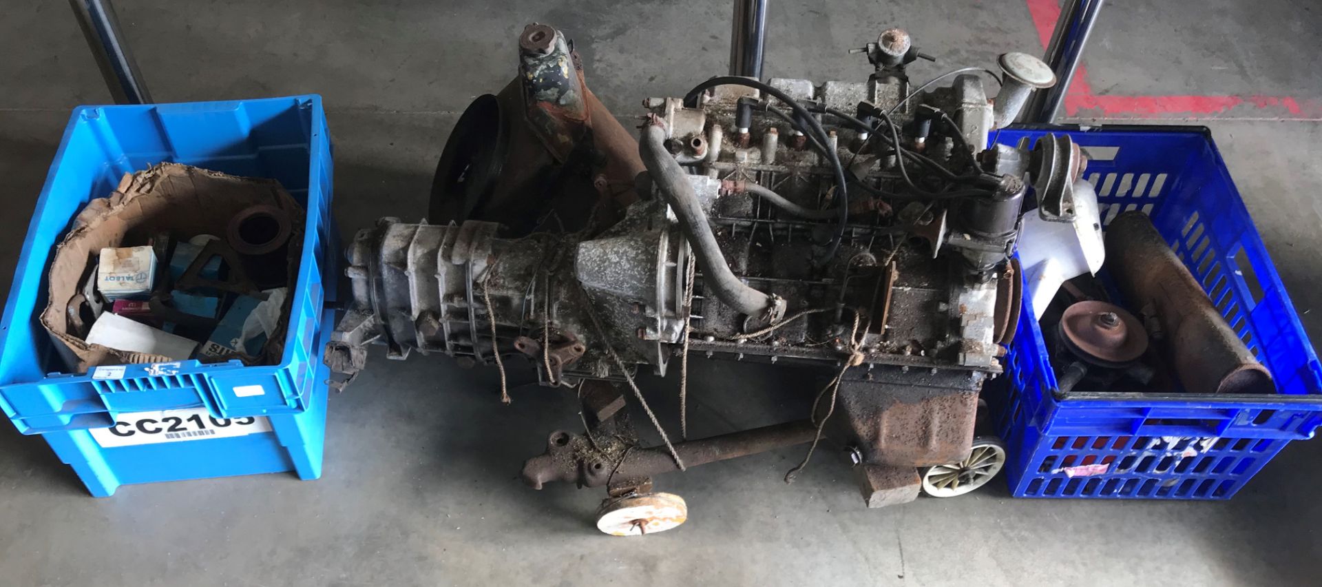 Imp Super (1975) (mainly) engine parts: Engine and gearbox, with carburettor, water pump, radiator,