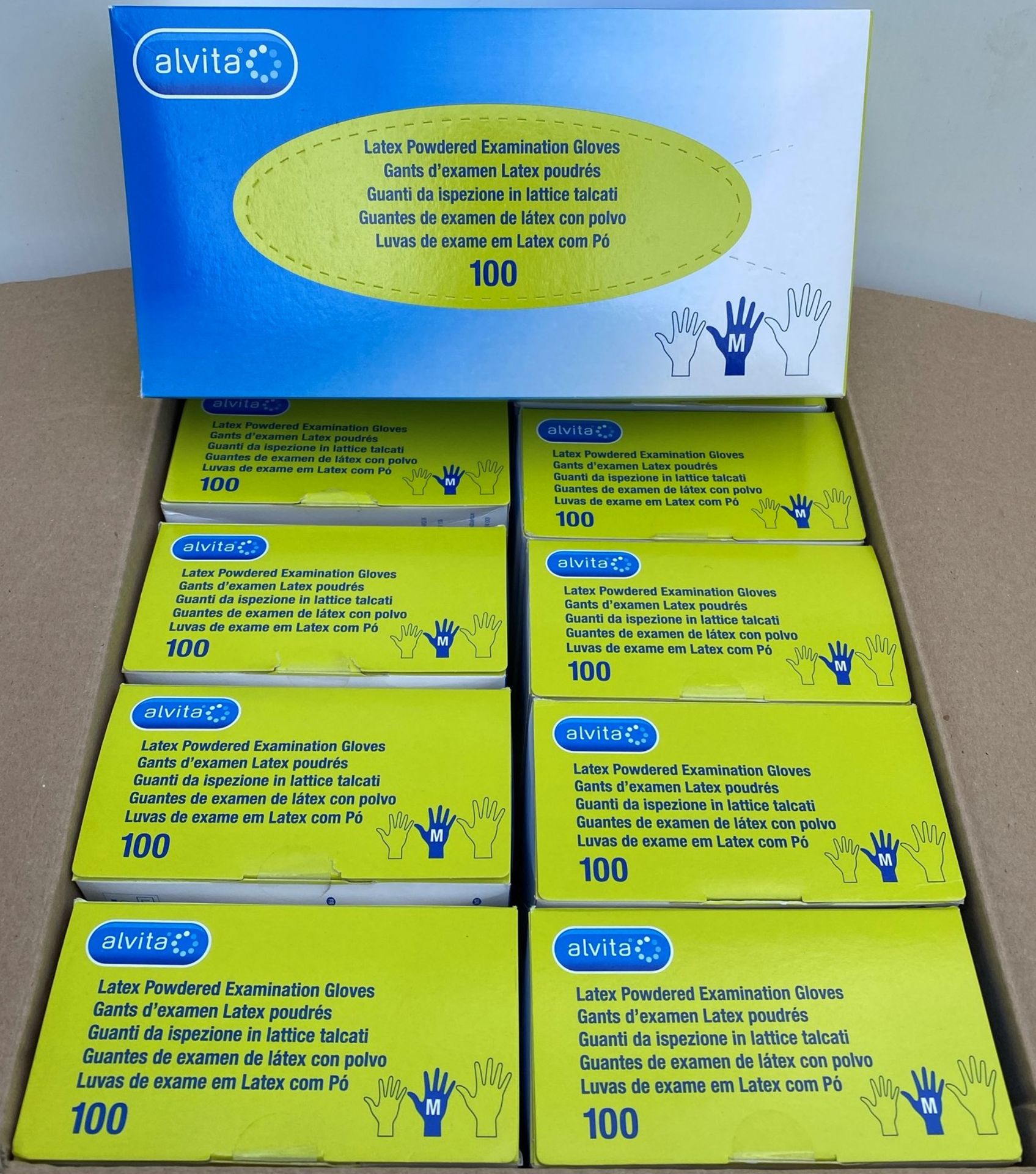 10 x boxes of 100 x Alvita Latex Powdered Examination Gloves - Size Medium - (1 outer box)