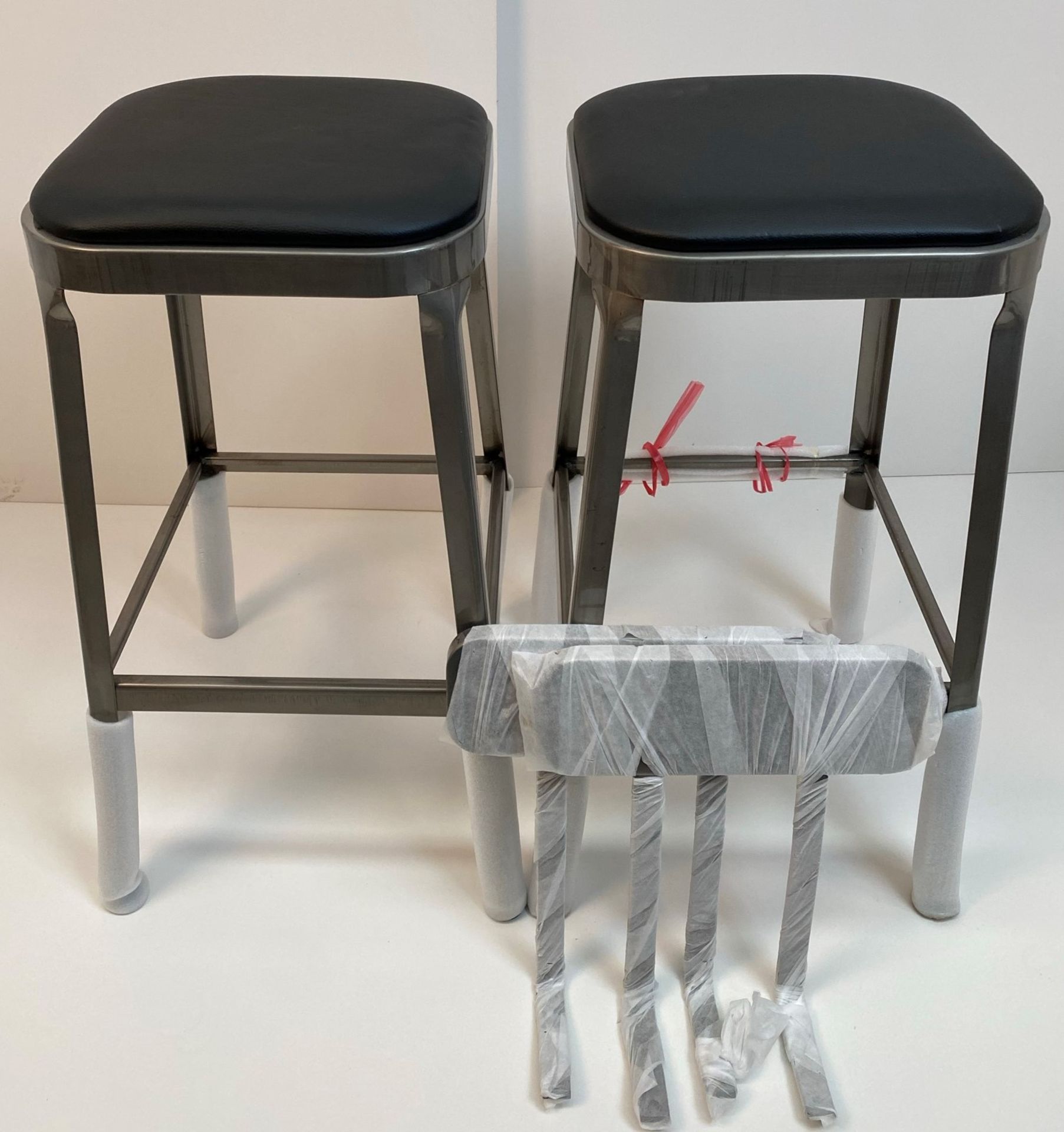 2 x Calypso Brushed Transparent Finish Metal Framed High Bar Stools with Black Pad and Optional