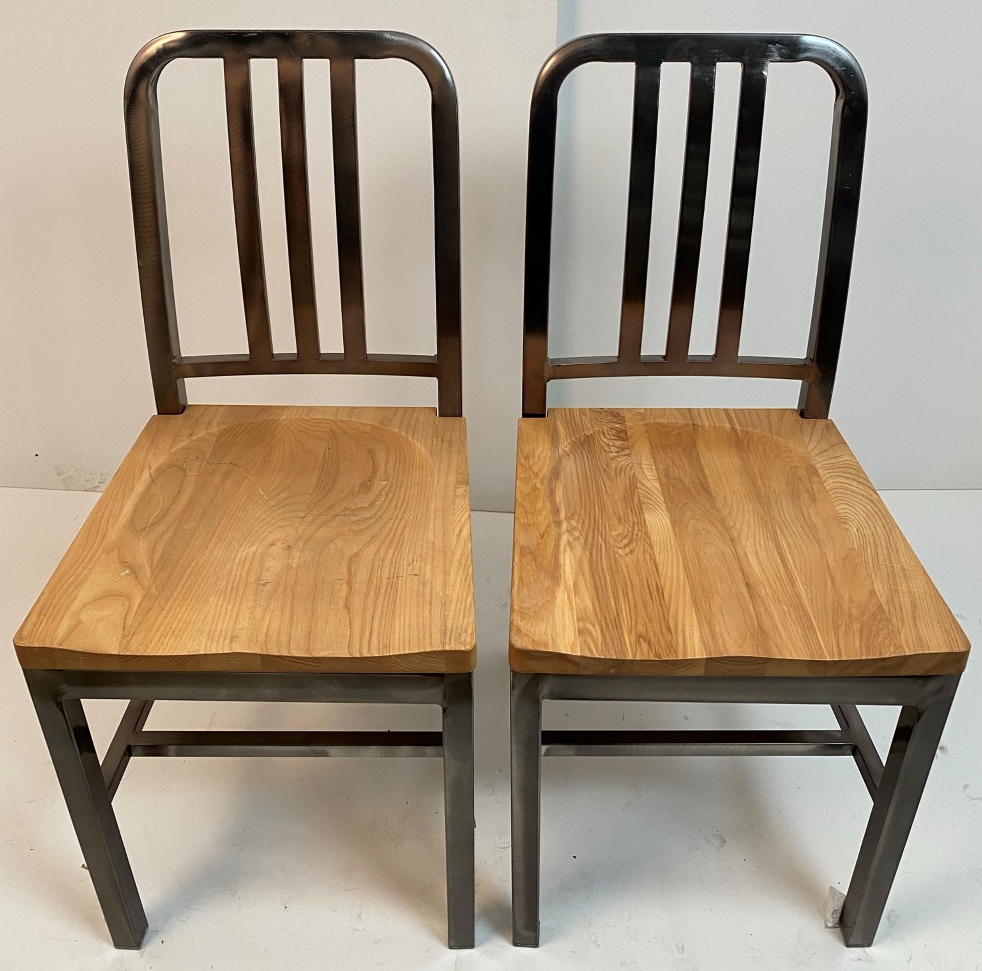 2 x Gun Metal Brushed Metal Framed Chairs with Wooden Seats