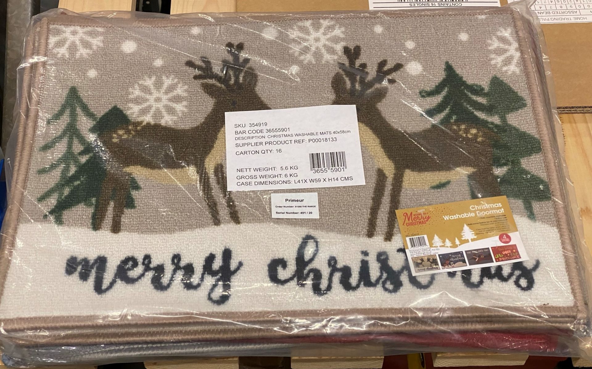 16 x Washable Christmas Doormats - 40cm x 58cm - sealed pack contains 4 different designs