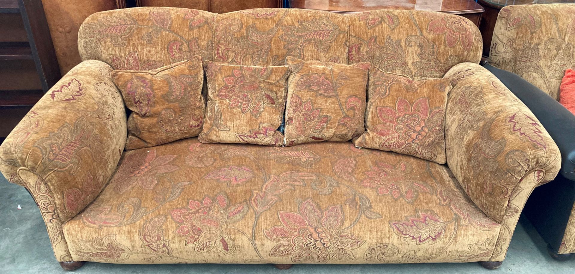 A medium brown floral upholstered three piece suite with brown vinyl sides and arms comprising a - Image 3 of 4