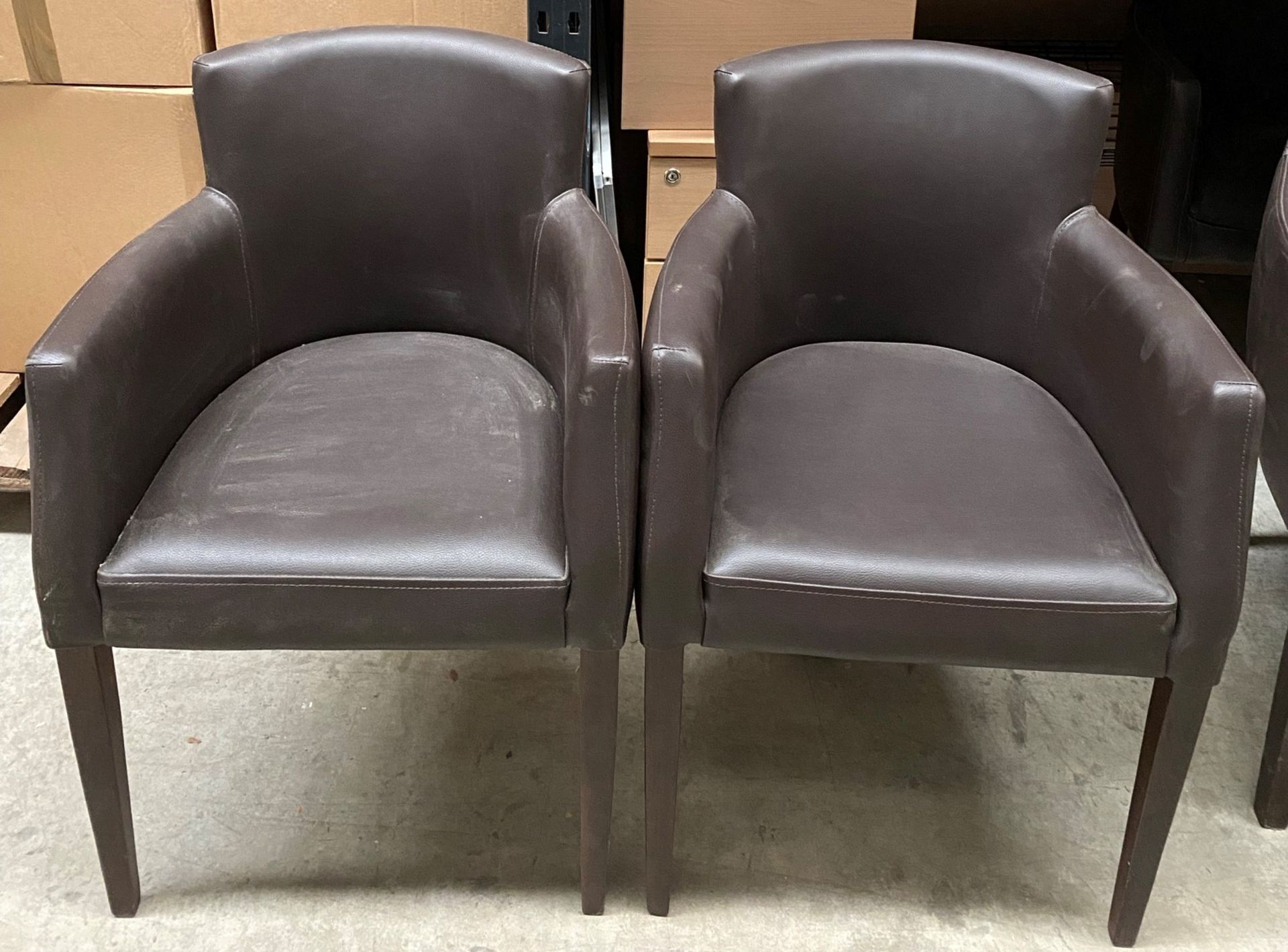 2 x Brown Armchairs with Dark Wood Legs